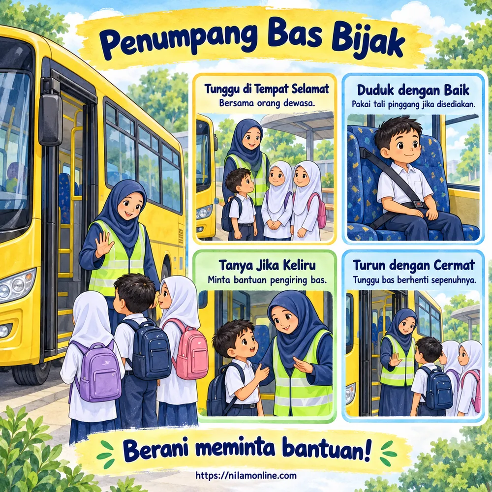 Infografik amalan penumpang bas bijak: menunggu dengan orang dewasa, duduk dengan baik, bertanya dan turun selepas bas berhenti.