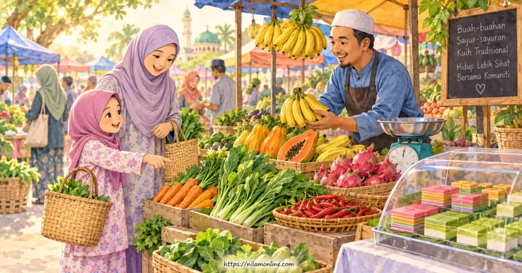 Aina dan ibunya melihat buah-buahan, sayur-sayuran dan kuih tradisional yang berwarna-warni di sebuah pasar pagi Malaysia.