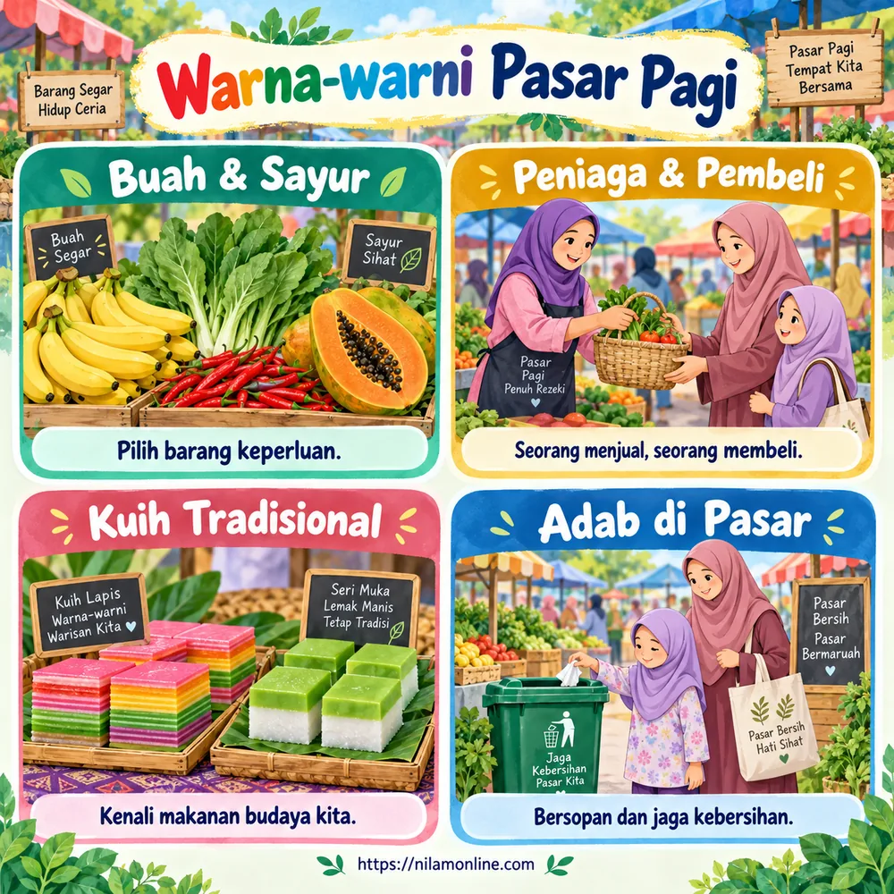 Infografik pasar pagi: buah dan sayur, peniaga dan pembeli, kuih tradisional serta adab menjaga kebersihan.