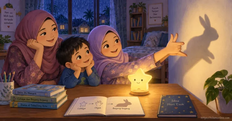 Sara bersama ibu dan adiknya menggunakan lampu kecil berbentuk bintang untuk menghasilkan bayang-bayang arnab pada dinding bilik.