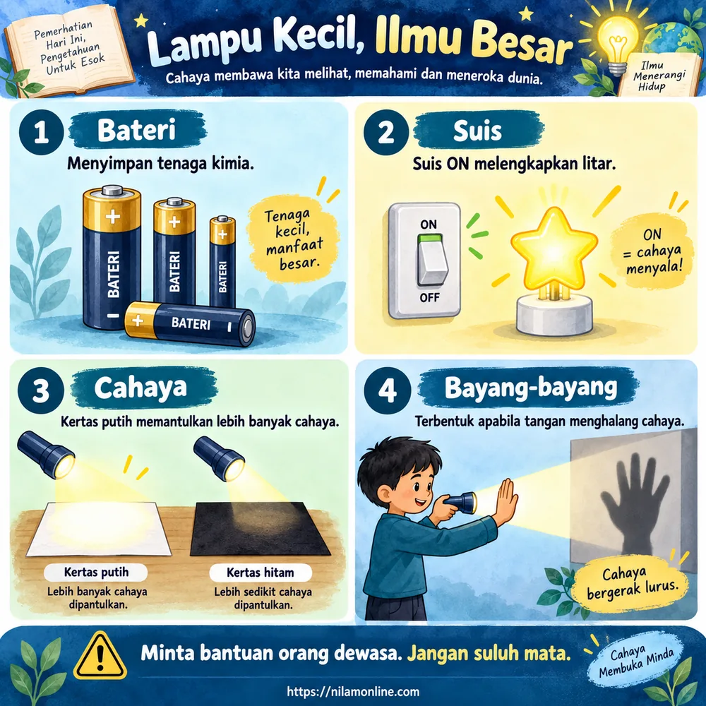 Infografik bateri, suis, pantulan cahaya pada kertas putih dan pembentukan bayang-bayang.