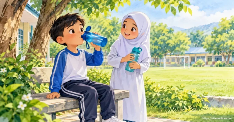Iman minum air kosong daripada botol air selepas bermain di padang sekolah untuk menggantikan air yang hilang melalui peluh.