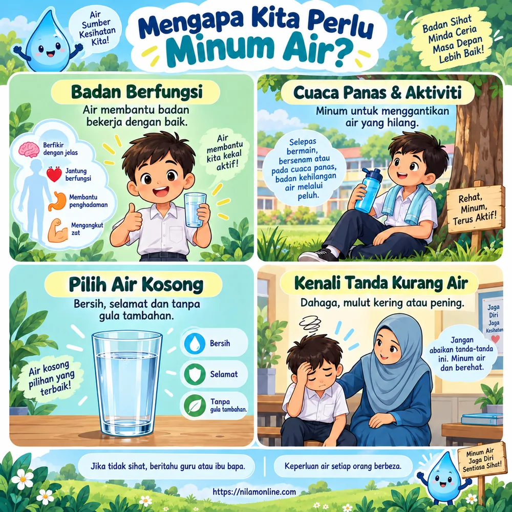 Infografik kepentingan air untuk badan, menggantikan air ketika cuaca panas dan aktiviti, pilihan air kosong serta tanda kekurangan air.