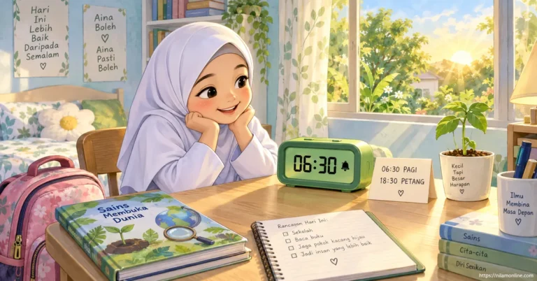 Aina melihat jam loceng digital berwarna hijau yang menunjukkan pukul 06:30 pagi sebelum bersiap ke sekolah.