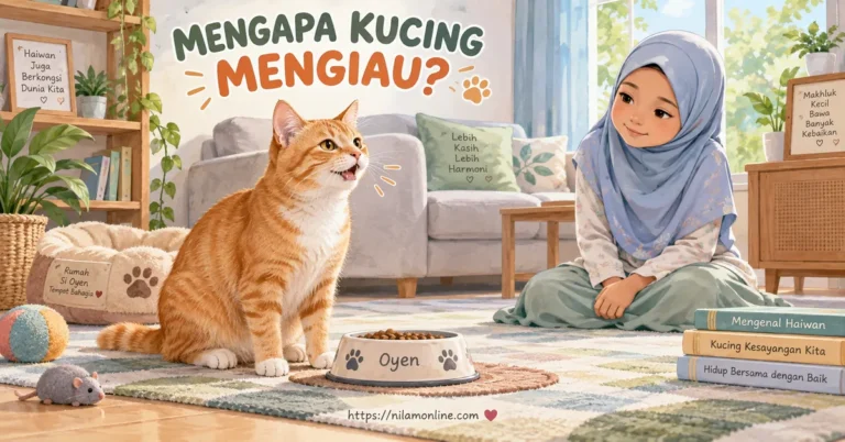 Seekor kucing oren bernama Oyen sedang mengiau berhampiran mangkuk makanan sambil diperhatikan oleh Nadia.