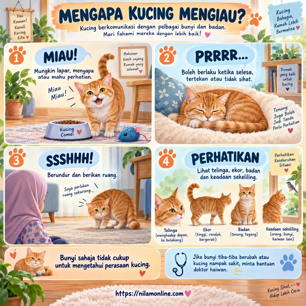 Infografik bunyi mengiau, dengkuran dan desisan kucing serta cara memerhati bahasa badan dan menjaga jarak.