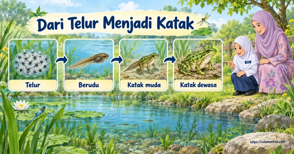 Empat peringkat kitar hidup katak daripada telur, berudu berekor, katak muda berkaki hingga katak dewasa.