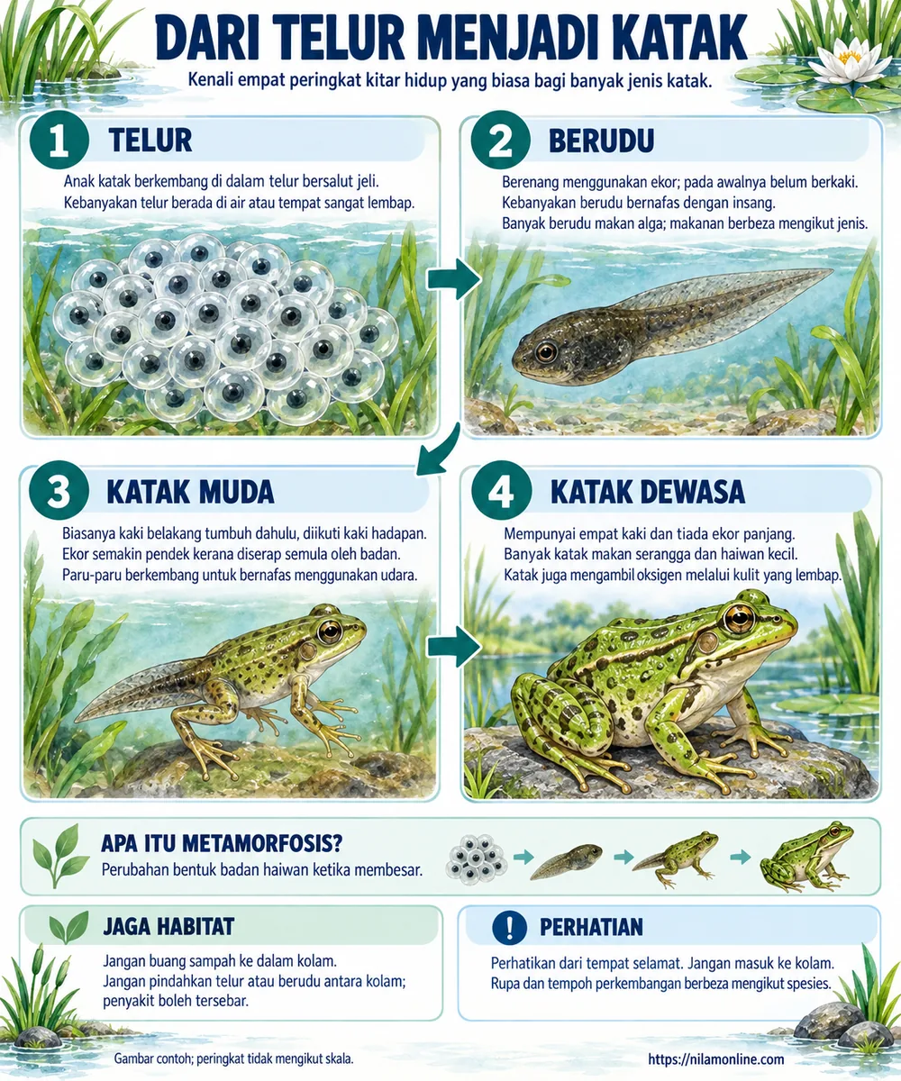 Infografik empat peringkat kitar hidup katak, perubahan semasa metamorfosis dan cara menjaga habitat dengan selamat.