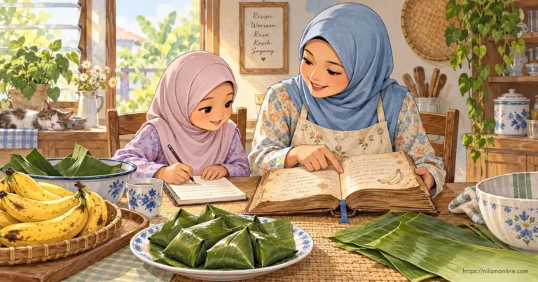 Nurin bersama ibunya membaca buku resipi keluarga dan menyalin cara membuat lepat pisang sebagai usaha menjaga warisan makanan tradisional.