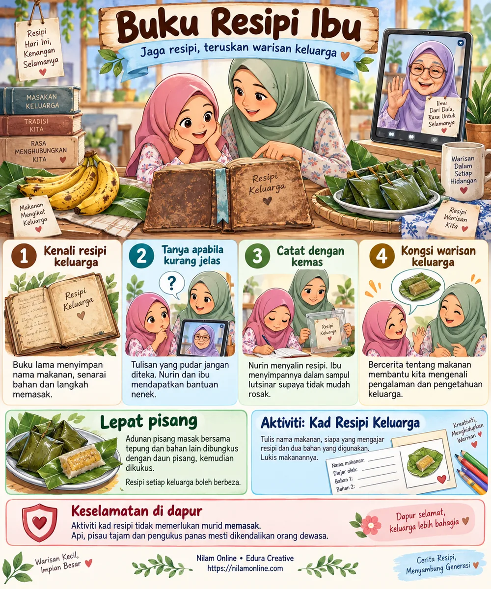 Infografik Buku Resipi Ibu tentang menjaga resipi keluarga, lepat pisang, aktiviti kad resipi dan keselamatan di dapur.