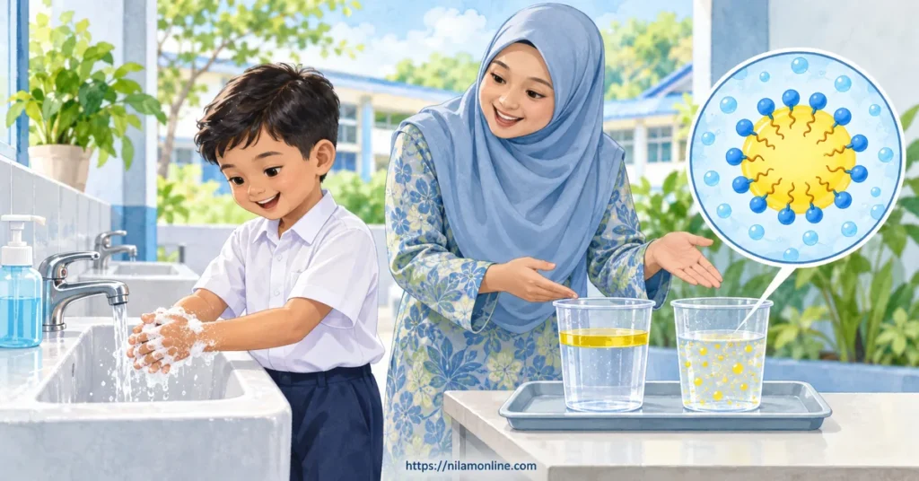 Amir membasuh tangan dengan sabun sambil mempelajari bagaimana sabun membantu menanggalkan minyak dan kuman melalui eksperimen air dan minyak.