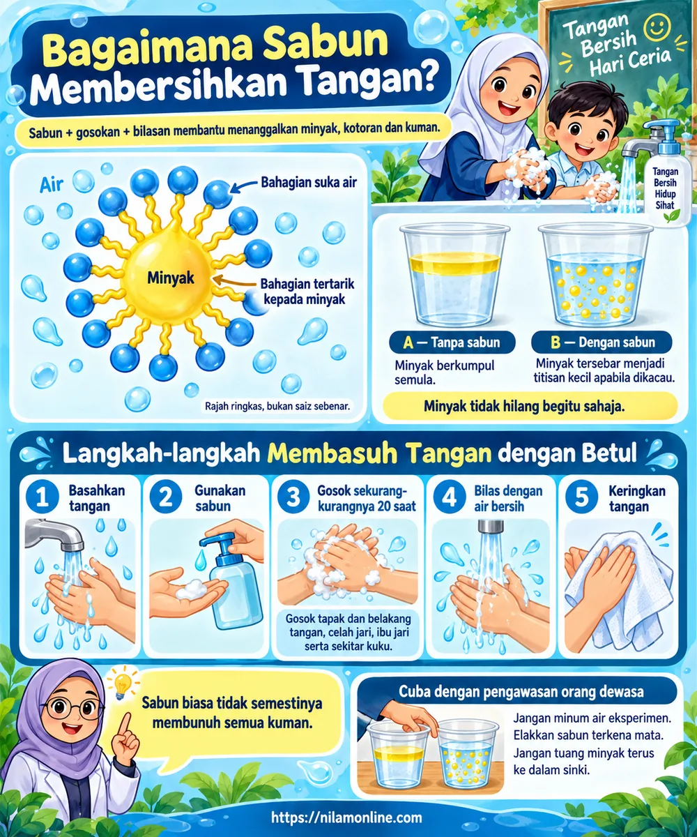Infografik cara sabun menanggalkan minyak dan kuman, perbandingan dua cawan eksperimen serta lima langkah membasuh tangan.