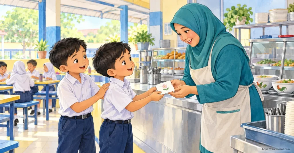 Nabil menyerahkan surat terima kasih kepada Puan Salmah, pekerja kantin sekolah, sambil ditemani rakannya Amir.