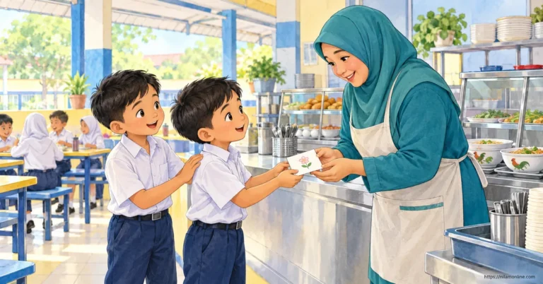 Nabil menyerahkan surat terima kasih kepada Puan Salmah, pekerja kantin sekolah, sambil ditemani rakannya Amir.
