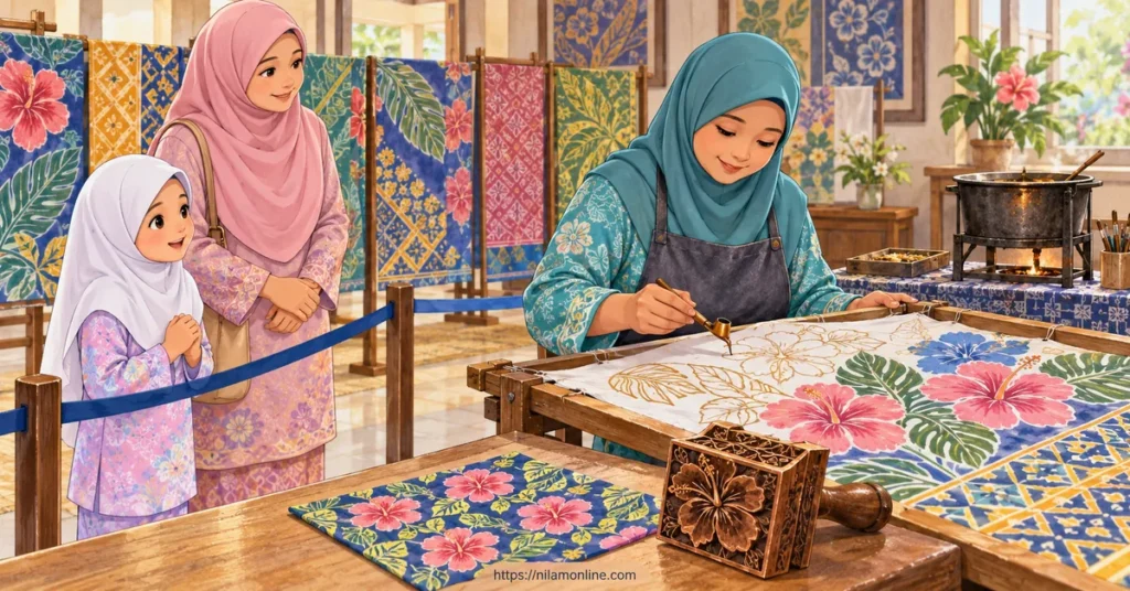 Hana melihat kain batik bercorak bunga dan daun sambil pembatik menunjukkan perbezaan batik lukis menggunakan canting dengan batik terap menggunakan blok.