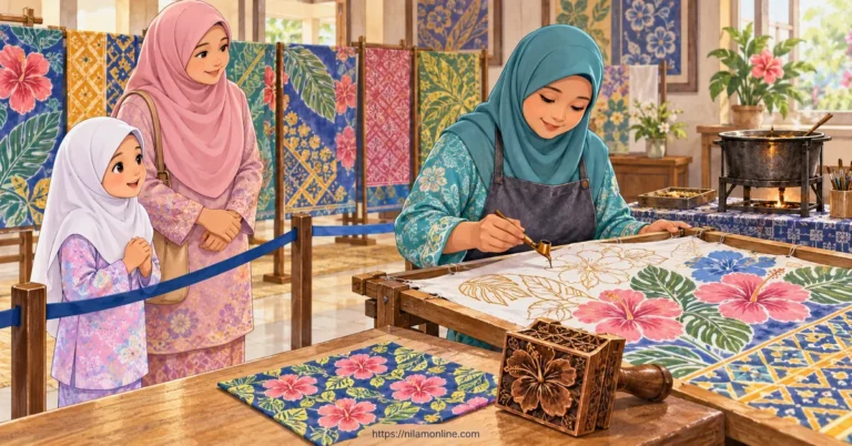 Hana melihat kain batik bercorak bunga dan daun sambil pembatik menunjukkan perbezaan batik lukis menggunakan canting dengan batik terap menggunakan blok.