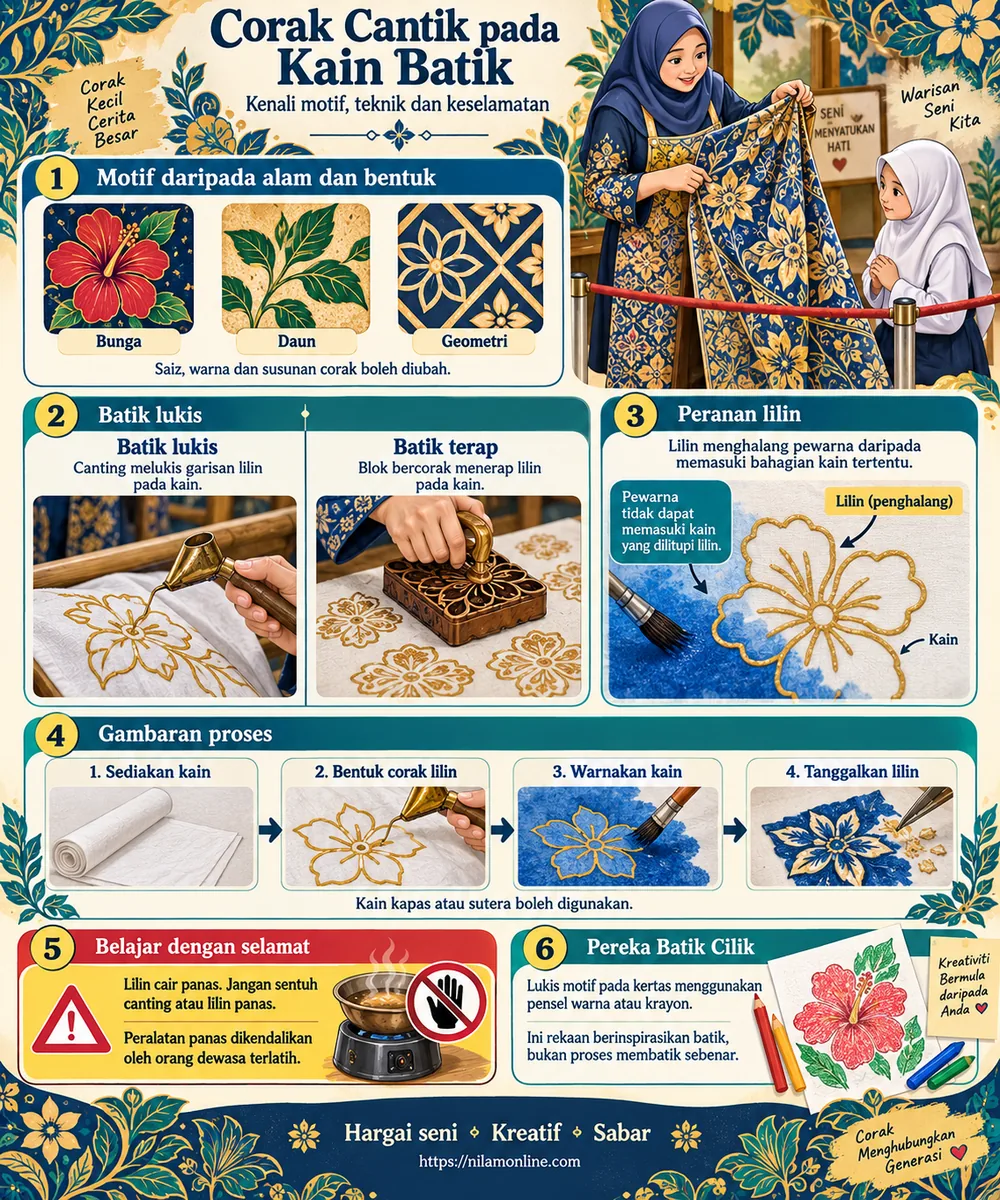 Infografik motif bunga, daun dan geometri, perbezaan batik lukis dan batik terap, peranan lilin, gambaran proses serta keselamatan aktiviti murid.