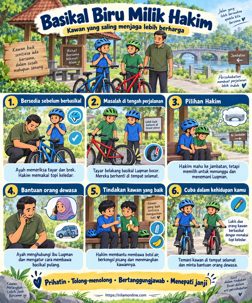 Infografik persediaan berbasikal, masalah tayar Luqman bocor, keputusan Hakim menemani kawannya, bantuan ayah dan nilai persahabatan.