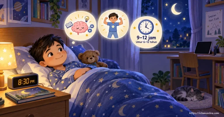 Haziq bersedia untuk tidur dalam bilik yang tenang dengan jam menunjukkan pukul 8:30 malam, menggambarkan kepentingan tidur yang cukup kepada kanak-kanak.