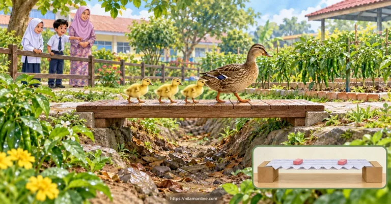 Nina dan Arif memerhatikan tiga anak itik menyeberangi jambatan kayu kecil di kebun sekolah sambil mempelajari konsep reka bentuk STEM.