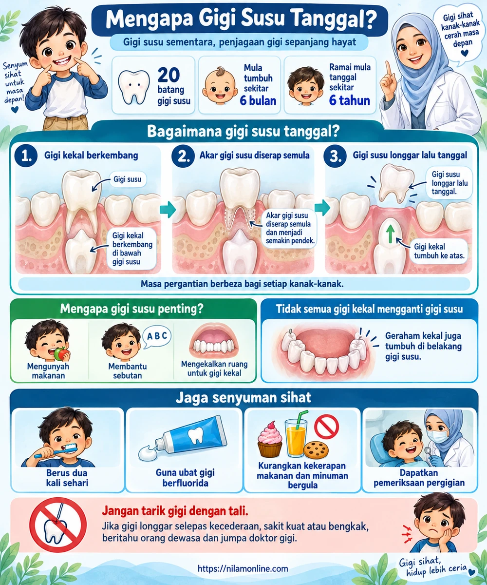 Infografik bilangan dan pergantian gigi susu, proses penyerapan akar, fungsi gigi susu, penjagaan gigi serta tindakan apabila gigi cedera.