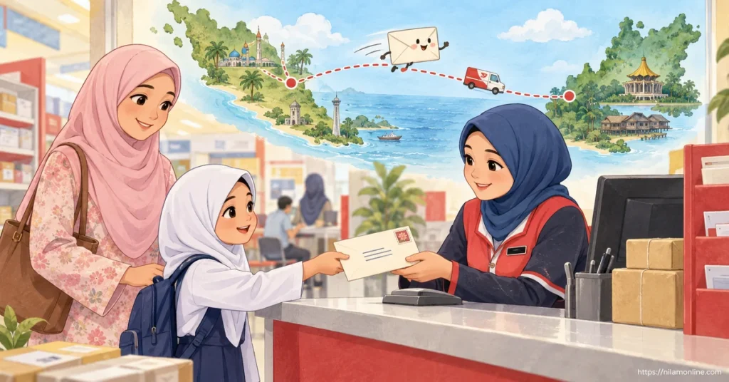Izzah menyerahkan surat kepada petugas pejabat pos untuk dihantar kepada sepupunya di Kuching, Sarawak.