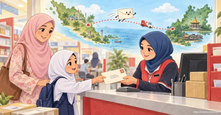 Izzah menyerahkan surat kepada petugas pejabat pos untuk dihantar kepada sepupunya di Kuching, Sarawak.