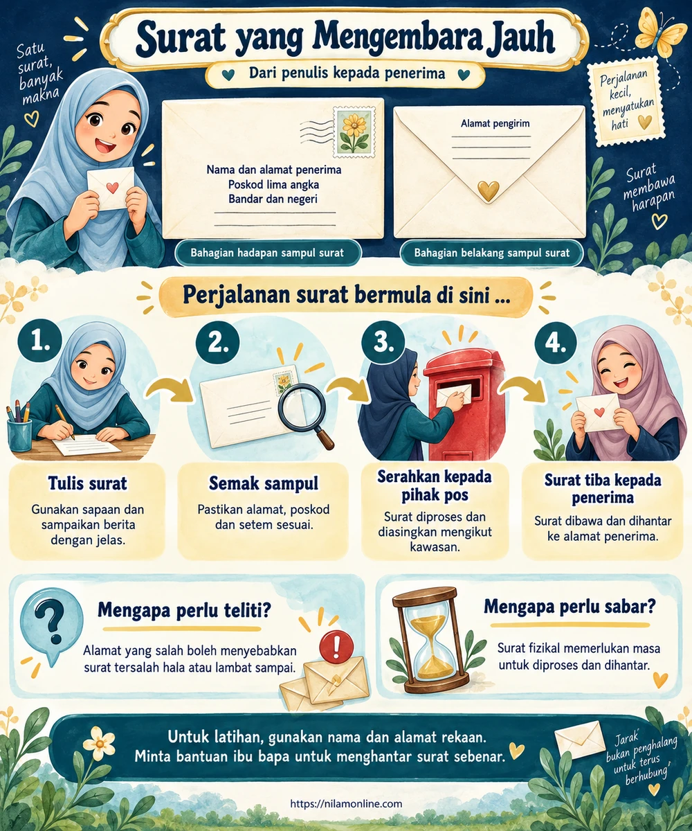 Infografik susunan alamat pada sampul, empat langkah perjalanan surat, kepentingan ketelitian dan penggunaan alamat rekaan untuk latihan.