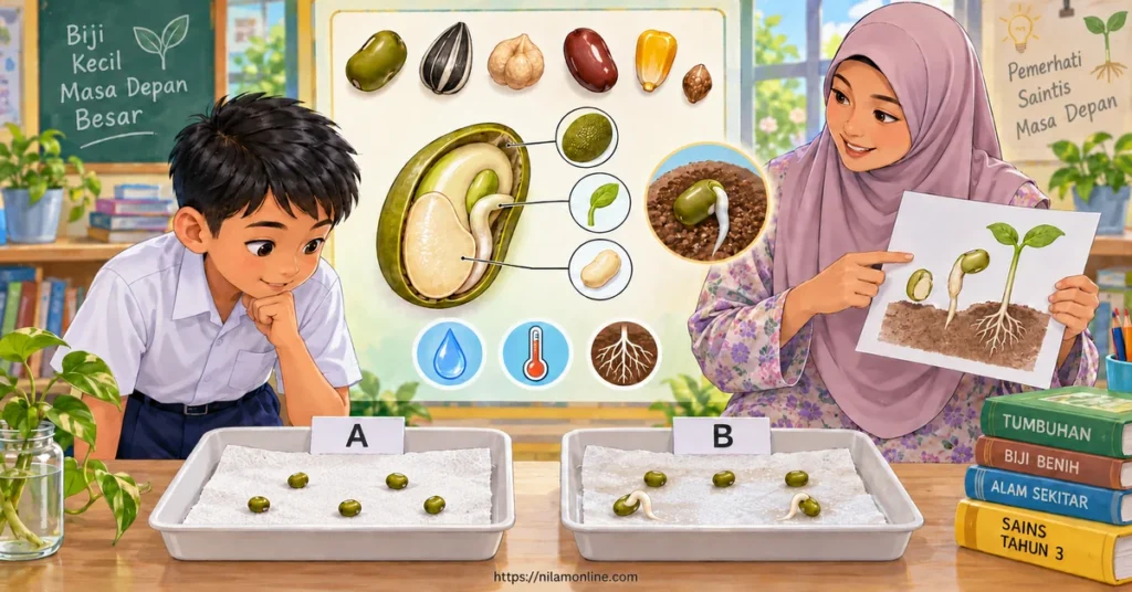 Haziq memerhati biji benih kering dan lembap sambil mempelajari sebab sesetengah biji belum bercambah serta maksud dormansi.