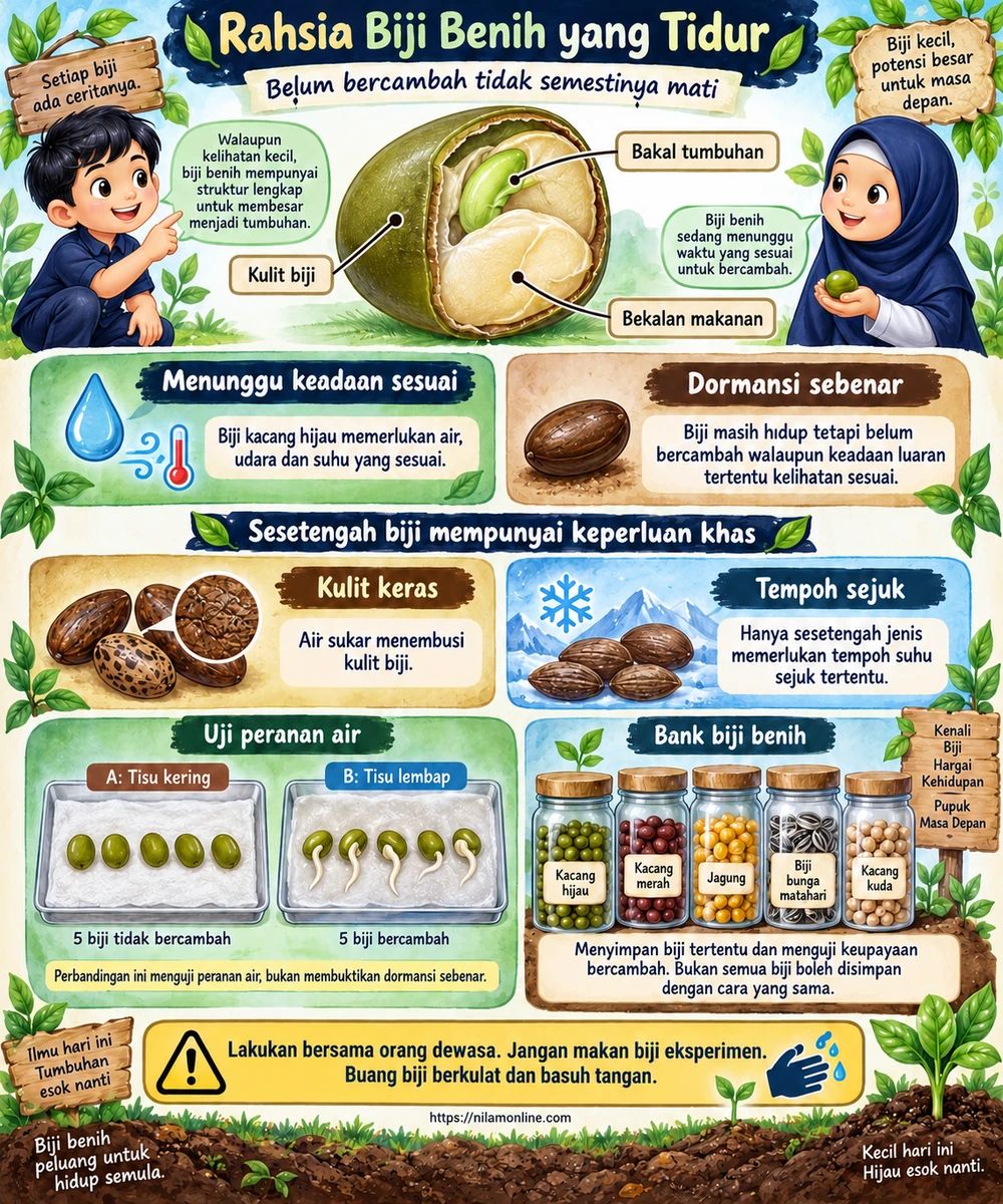 Infografik struktur biji benih, perbezaan dormansi dan kekurangan air, keperluan khas sesetengah biji serta perbandingan tisu kering dan lembap.