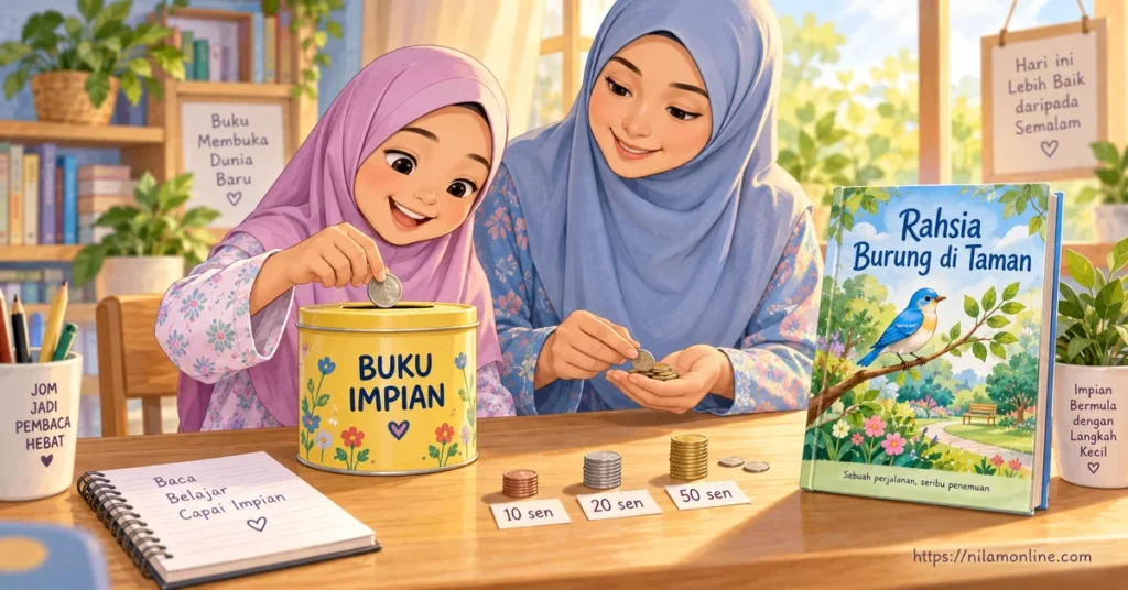 Hana memasukkan duit syiling ke dalam tabung kuning bertulis Buku Impian sambil dibantu ibunya mengira wang simpanan untuk membeli buku cerita.