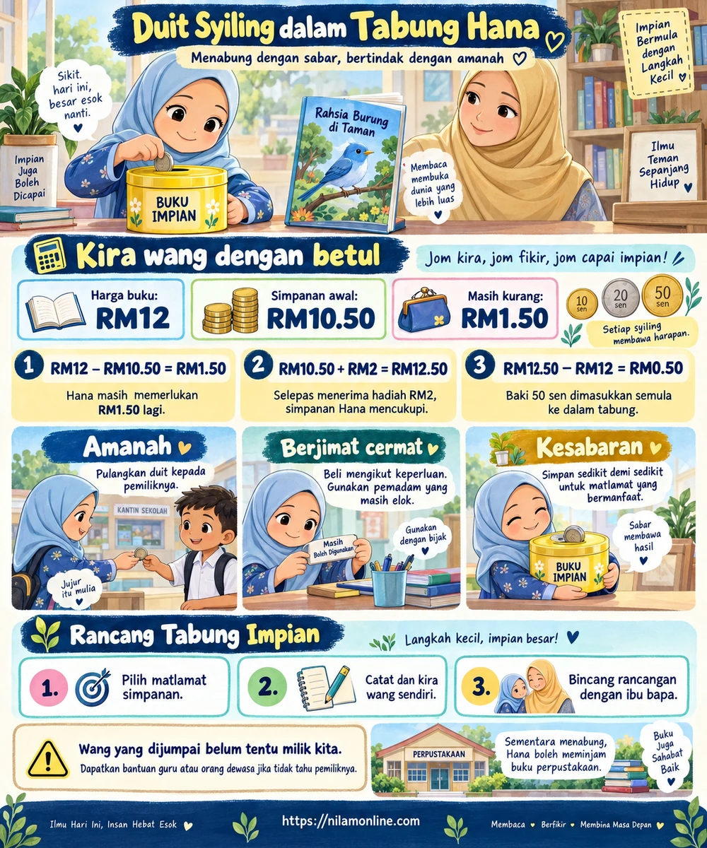 Infografik kiraan simpanan Hana untuk buku berharga RM12 serta nilai amanah, berjimat cermat dan kesabaran.