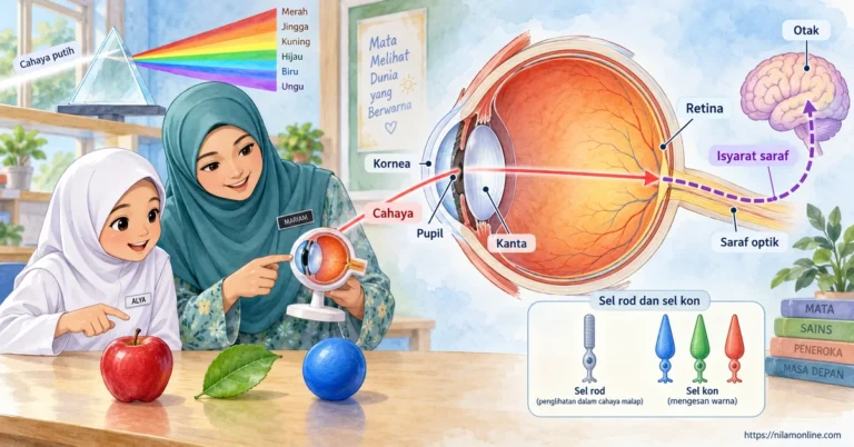 Alya mempelajari bagaimana cahaya daripada objek diterima oleh retina mata dan bagaimana sel kon serta otak membantu manusia melihat warna.
