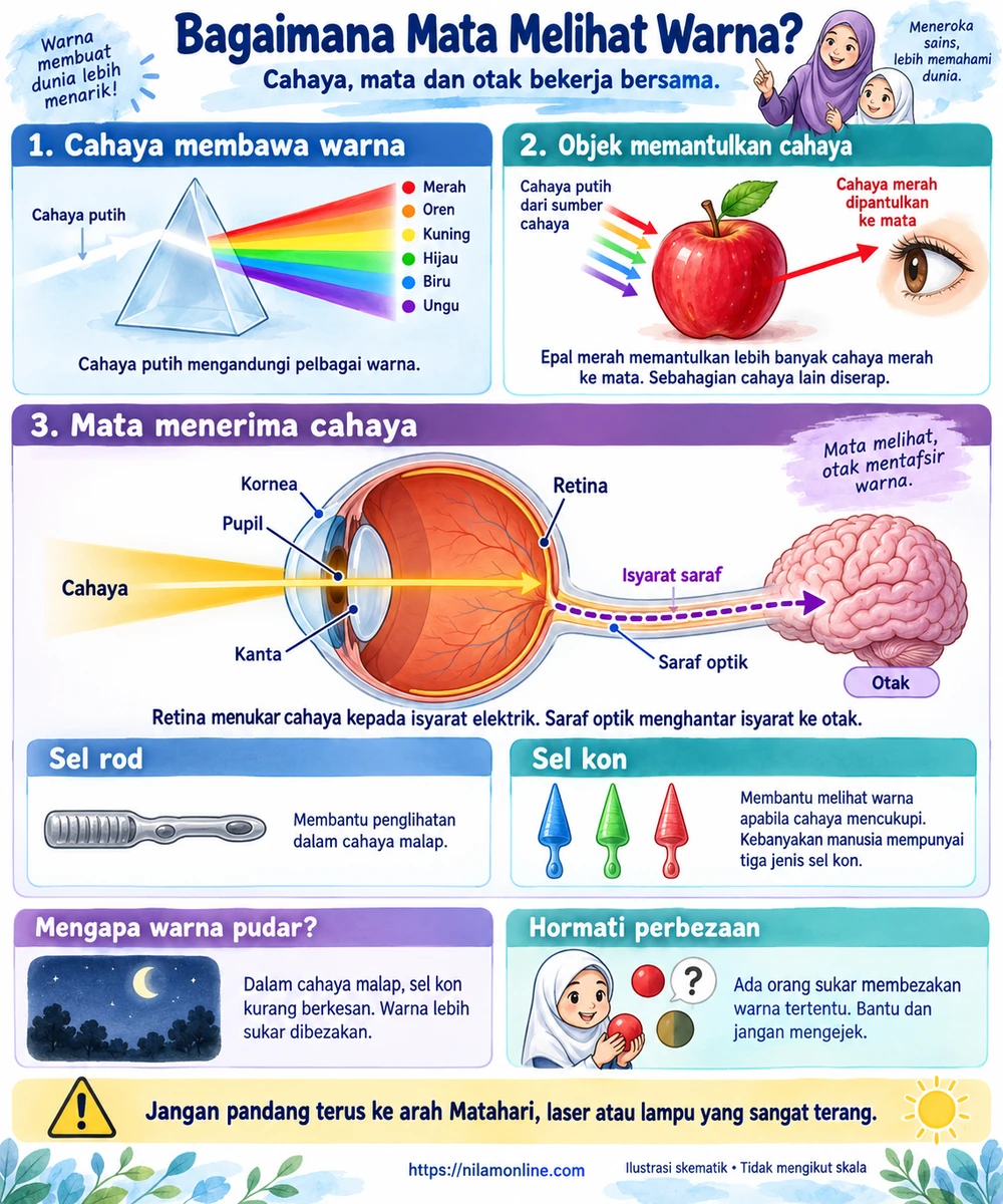 Infografik bagaimana cahaya dipantulkan oleh objek, diterima oleh retina dan ditukar kepada isyarat saraf untuk diproses oleh otak, serta fungsi sel rod dan sel kon.