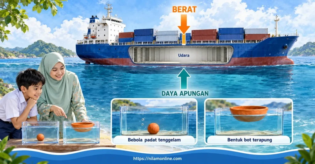 Kapal kargo terapung dengan daya berat ke bawah dan daya apungan ke atas yang seimbang serta contoh bot plastisin yang menyesarkan air.