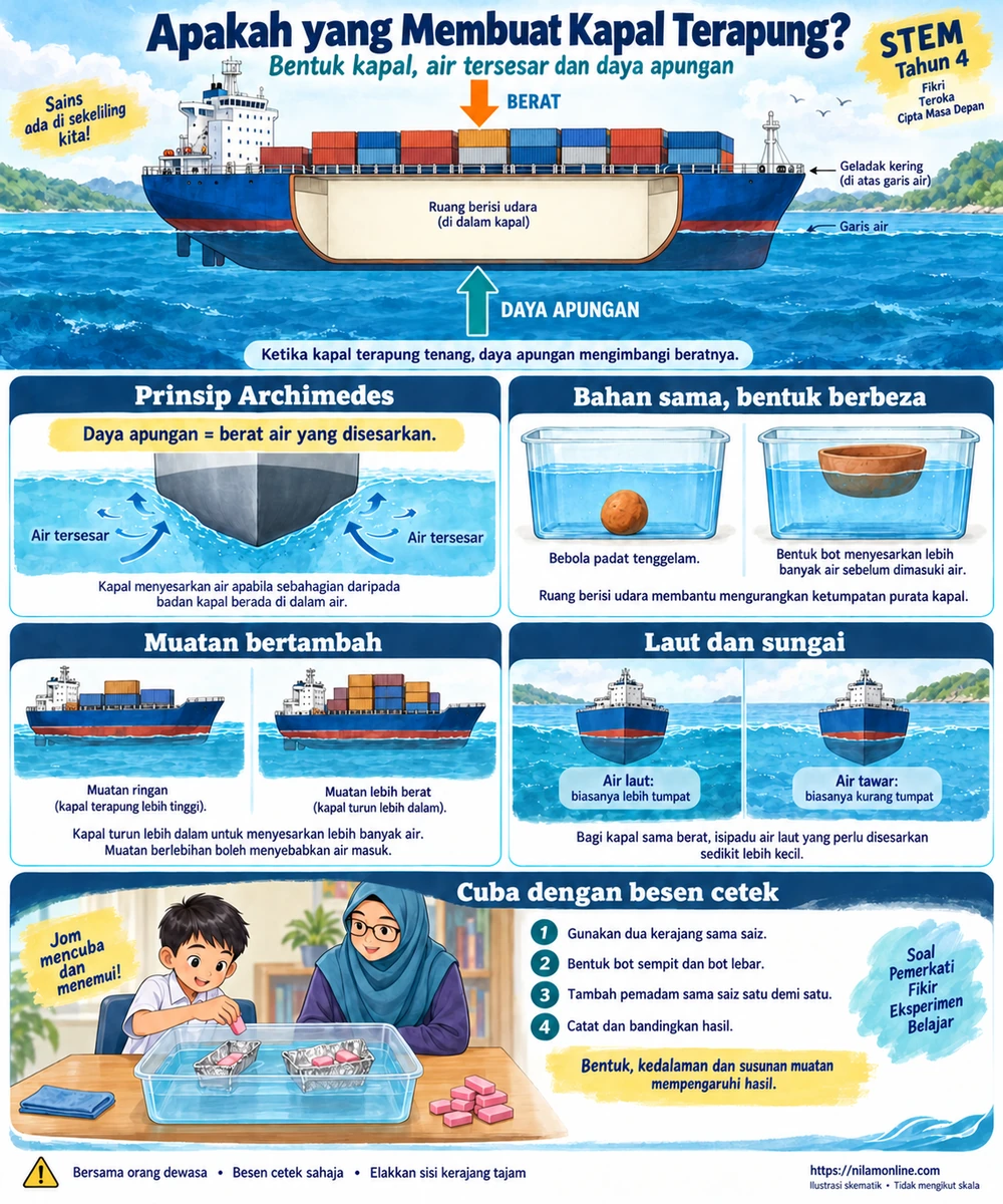 Infografik daya apungan dan berat kapal, prinsip Archimedes, bentuk plastisin, kesan muatan, air laut berbanding air tawar serta eksperimen bot kerajang.