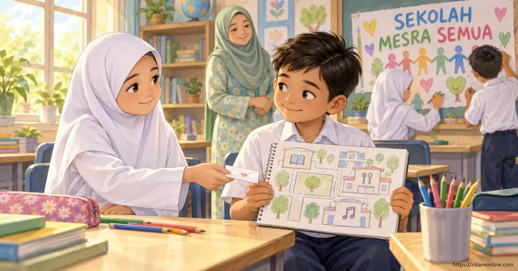 Nadia menyerahkan nota semangat kepada Rayyan, murid baharu yang memegang buku lakaran peta sekolah, sebagai tanda sokongan dan persahabatan.