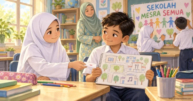 Nadia menyerahkan nota semangat kepada Rayyan, murid baharu yang memegang buku lakaran peta sekolah, sebagai tanda sokongan dan persahabatan.