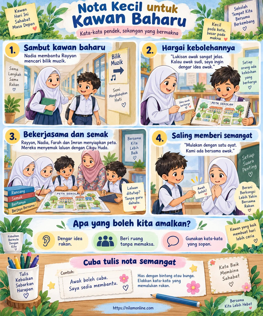 Infografik kisah Nadia dan Rayyan yang saling memberi nota semangat, menghargai idea, bekerjasama menyiapkan peta sekolah dan membina keyakinan.