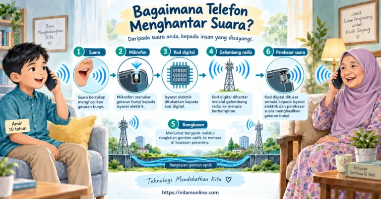 Amir menelefon neneknya menggunakan telefon pintar dengan gambar rajah menunjukkan mikrofon, gelombang radio, stesen pemancar dan pembesar suara.