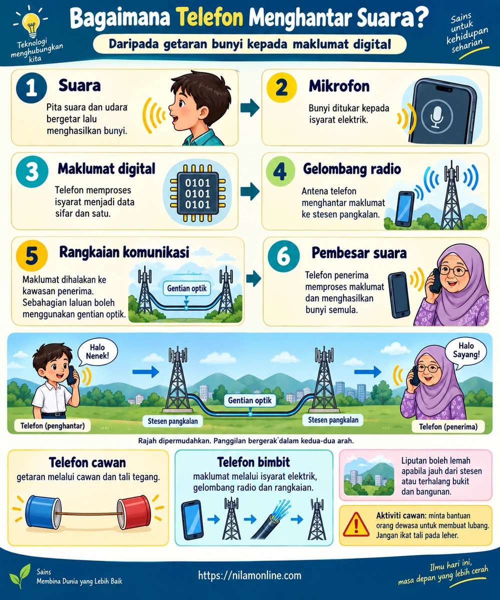 Infografik perjalanan suara melalui mikrofon, data digital, gelombang radio, rangkaian komunikasi dan pembesar suara, serta perbezaan telefon bimbit dengan telefon cawan.