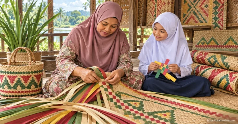 Seorang penganyam tradisional menunjukkan cara menyilangkan jalur daun mengkuang berwarna untuk menghasilkan tikar bercorak kepada murid sekolah.