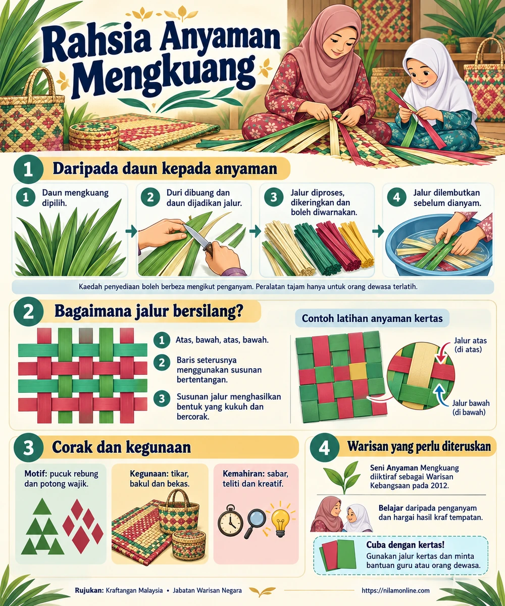 Infografik proses menyediakan jalur daun mengkuang, latihan persilangan jalur kertas, motif, kegunaan dan pemeliharaan warisan anyaman mengkuang.