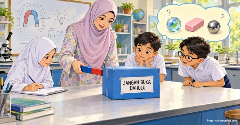 Murid Tahun 4 menyiasat kotak misteri berwarna biru di makmal Sains menggunakan pemerhatian dan ujian magnet bersama guru.