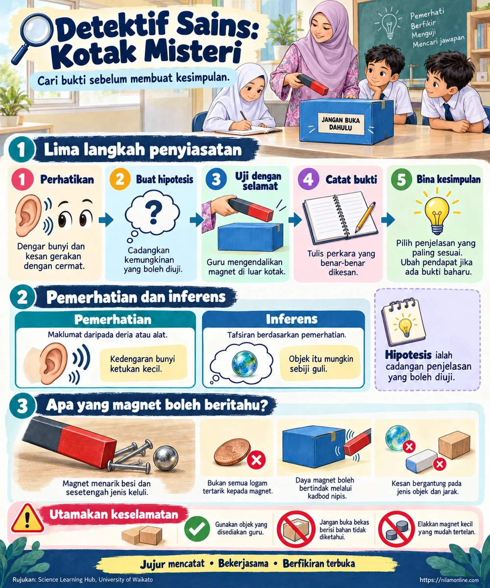 Infografik lima langkah penyiasatan kotak misteri, perbezaan pemerhatian dengan inferens, hipotesis, sifat magnet dan keselamatan aktiviti bersama guru.