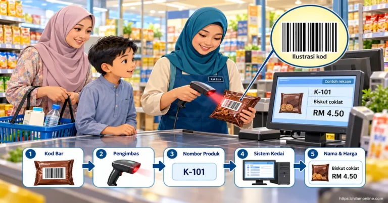 Juruwang mengimbas kod bar pada bungkusan biskut di sebuah kedai sambil menerangkan cara nombor produk digunakan untuk mencari nama dan harga barang dalam sistem komputer.