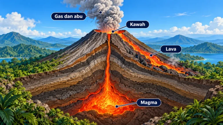 Rajah keratan rentas gunung berapi menunjukkan magma di bawah permukaan, kawah, lava di lereng serta kepulan gas dan abu.