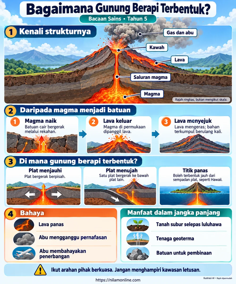 Infografik struktur gunung berapi, proses magma menjadi lava dan batuan, tiga keadaan pembentukan, bahaya serta manfaat dalam jangka panjang.