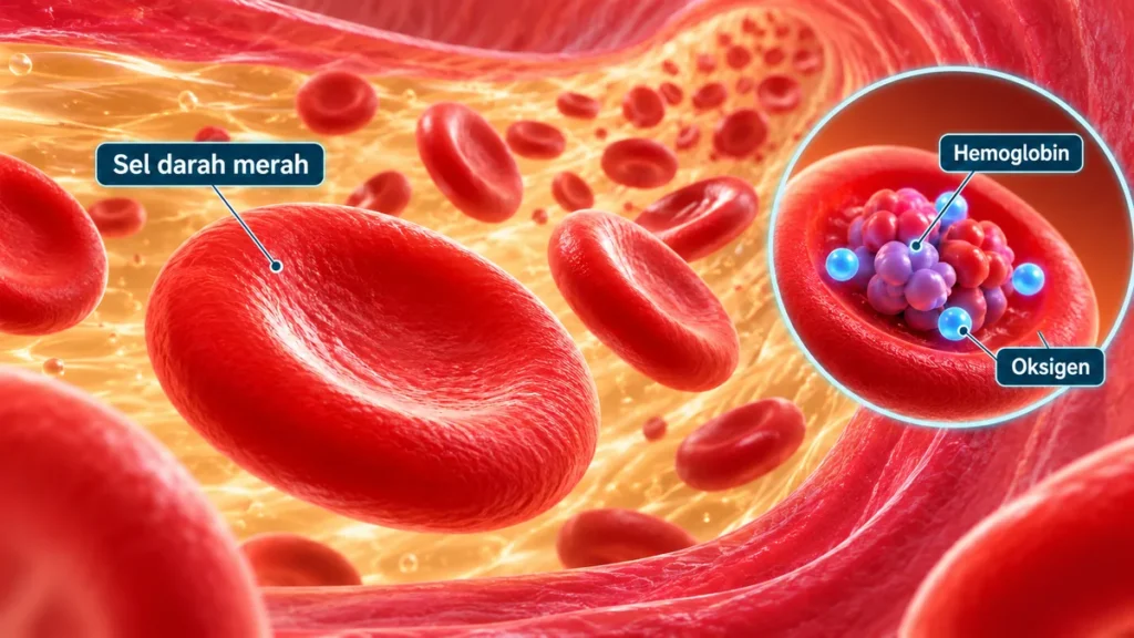 Ilustrasi sel darah merah yang mengandungi hemoglobin dan membawa oksigen ke seluruh tubuh manusia.