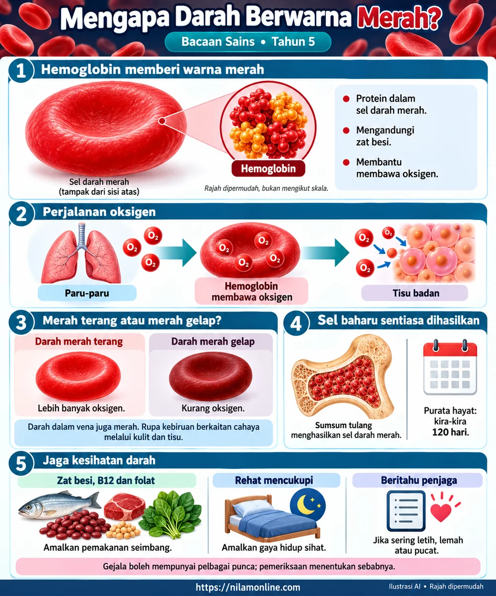 Infografik hemoglobin dan warna darah merah, perjalanan oksigen dari paru-paru ke tisu, penghasilan dalam sumsum tulang, purata hayat sekitar 120 hari serta penjagaan kesihatan darah.